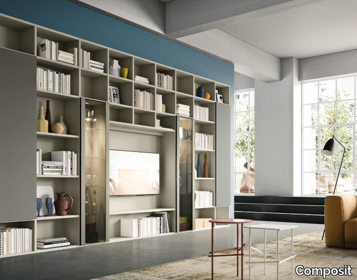 DAY SYSTEM 03 - Contemporary style wall-mounted wooden bookcase with built-in lights with TV stand _ Composit