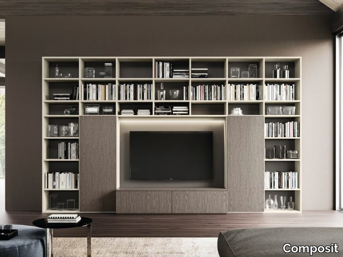 DAY SYSTEM 05 - Wall-mounted wooden bookcase with TV stand _ Composit