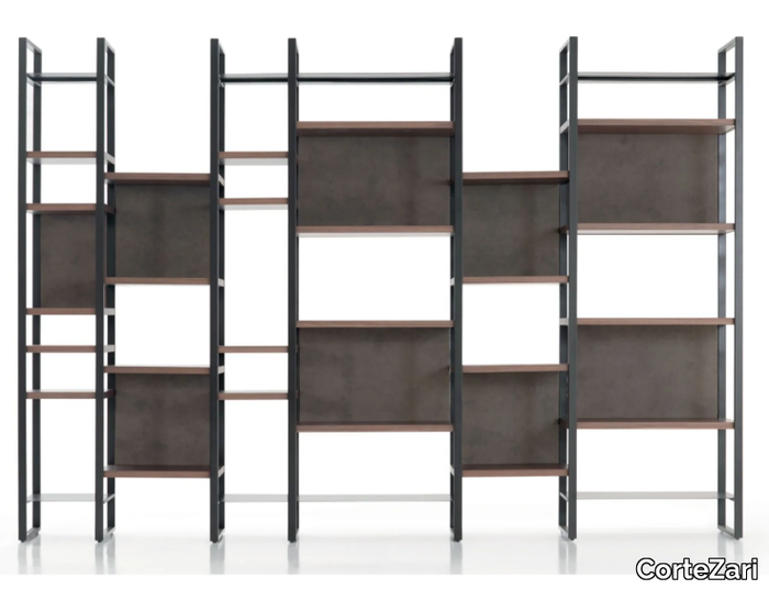 LINK - Open sectional iron, eco-leather and walnut bookcase _ CorteZari