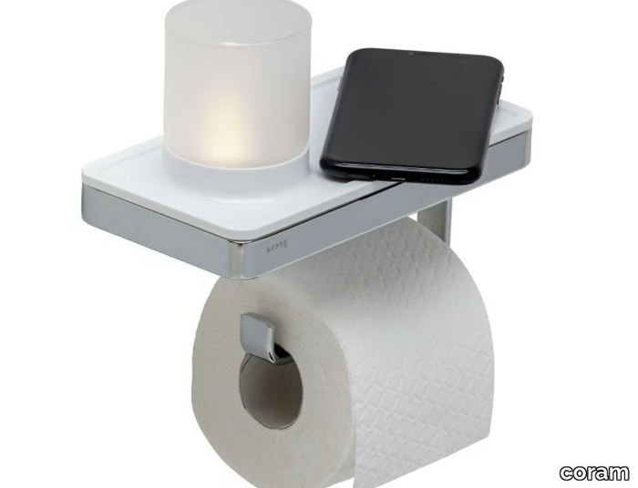 FRAME CHROME WHITE - Metal toilet roll holder with shelf _ coram