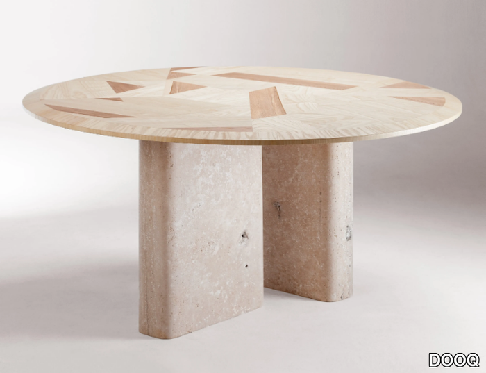 L'ANAMOUR - Dining table with wooden top and travertine base _ DOOQ