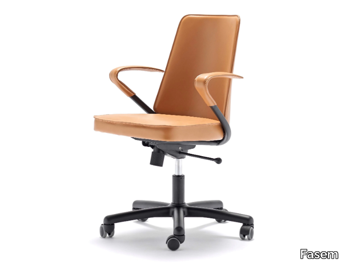 LUNA - Height-adjustable tanned leather office chair with armrests _ Fasem