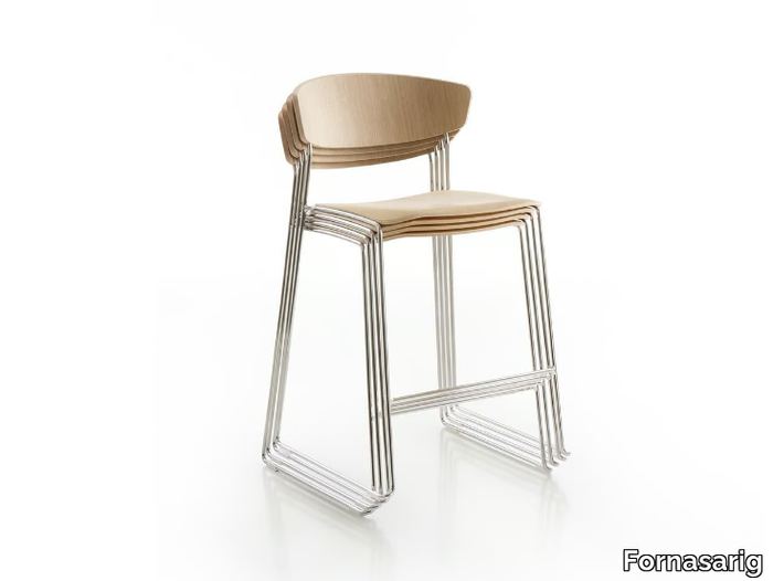 WOLFGANG - Sled base high oak and steel stool _ Fornasarig