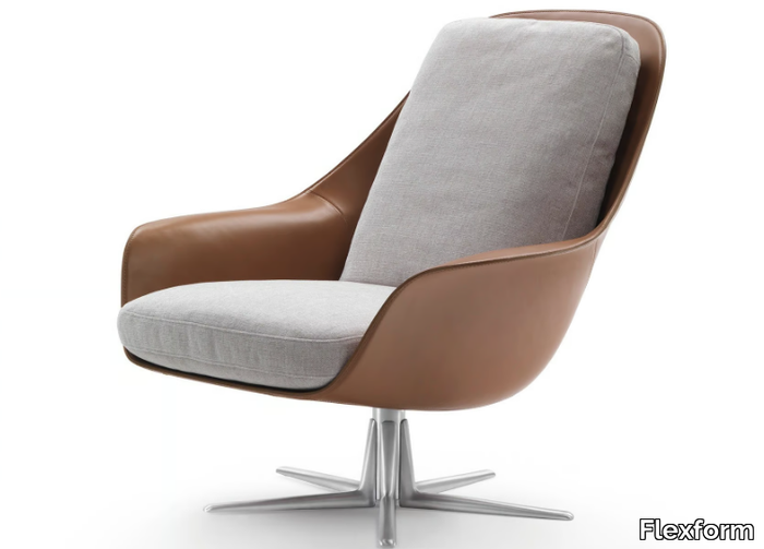 SVEVA - Swivel leather armchair with 5-spoke base with armrests _ Flexform