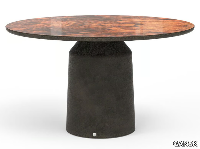 SIANA - Round fiberglass table with walnut root veneer top _ GANSK