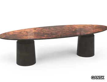 SIANA - Oval fiberglass table with walnut root veneer top _ GANSK