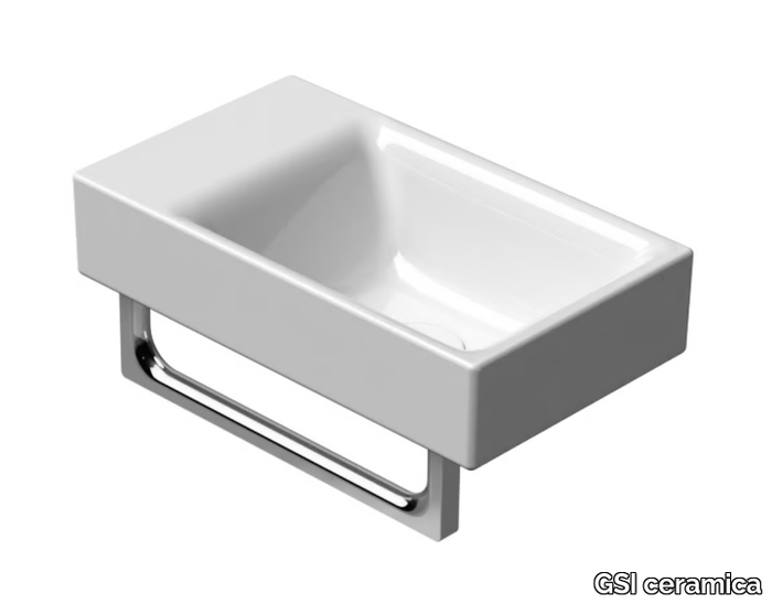 NUBES 40X23 - Rectangular wall-mounted ceramic handrinse basin with towel rail _ GSI ceramica