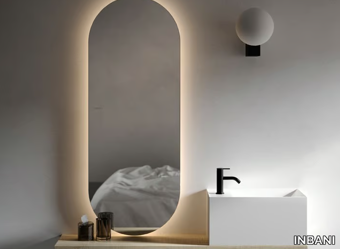 NORM - Oval wooden mirror with integrated lighting with shelf _ INBANI