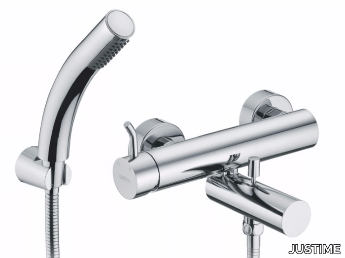 SIMPLE - 3 hole wall-mounted chromed brass bathtub mixer with hand shower _ JUSTIME