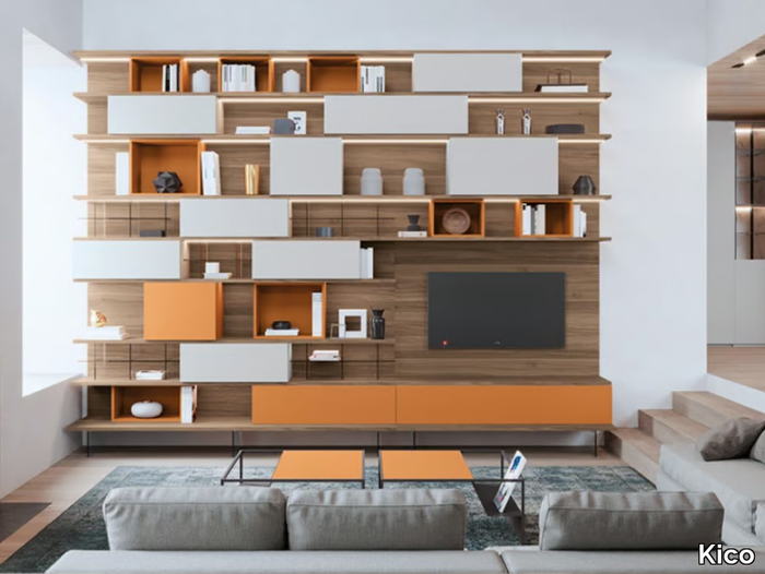 NIVEAU - Wall-mounted wooden storage wall with integrated lighting _ Kico