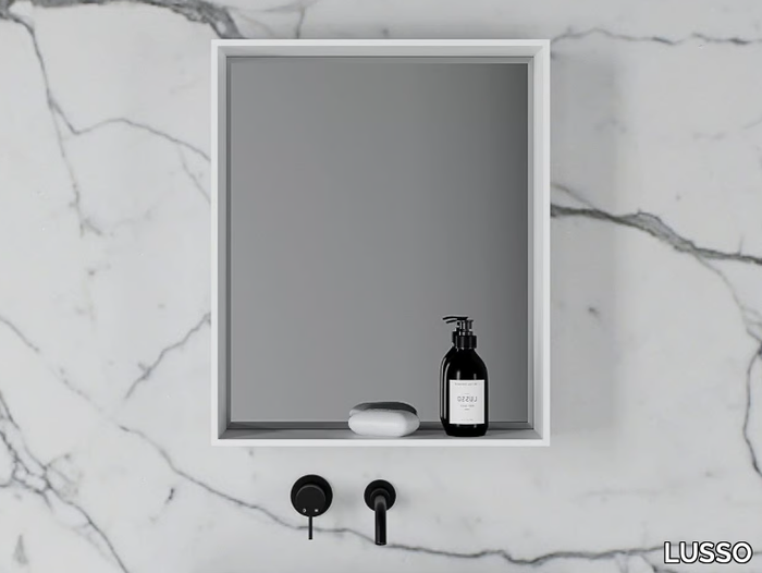 CALVI - Rectangular wall-mounted Resin Stone mirror with shelf _ LUSSO