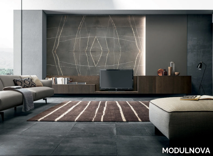 MH6 - Natural stone and veneered oak TV wall system _ MODULNOVA