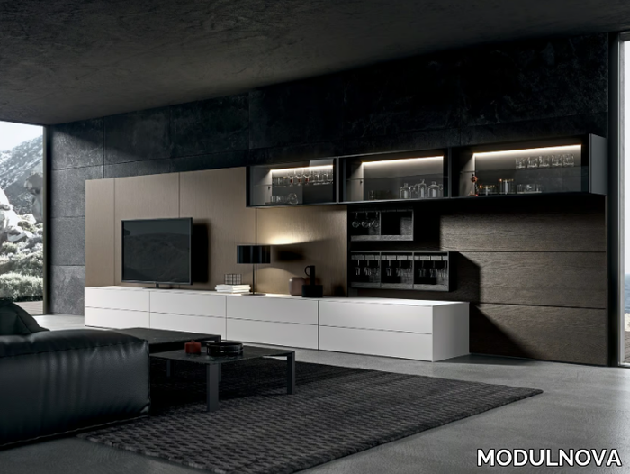 MH6 - Wooden and aluminum storage wall with integrated lighting _ MODULNOVA