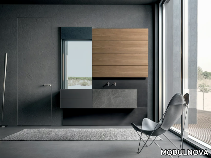 BLADE - Vanity unit in walnut and stoneware with mirror and drawers _ MODULNOVA