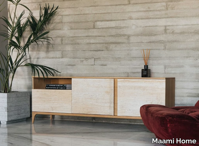 STORM TRAVERTINE - Travertine and wood sideboard with hinged doors _ Maami Home