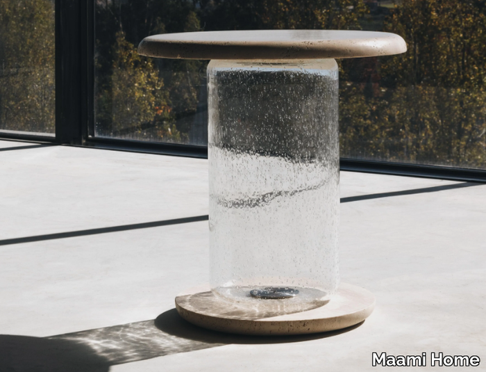 BUBBLE TRAVERTINE - Low round coffee table in natural stone and blown glass _ Maami Home