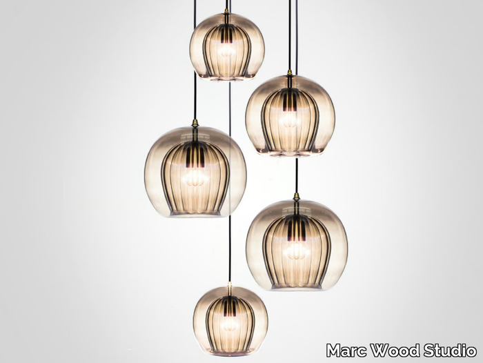 PLEATED CRYSTAL CLUSTER 5 SMOKE - LED handmade Borosilicate glass pendant lamp _ Marc Wood Studio