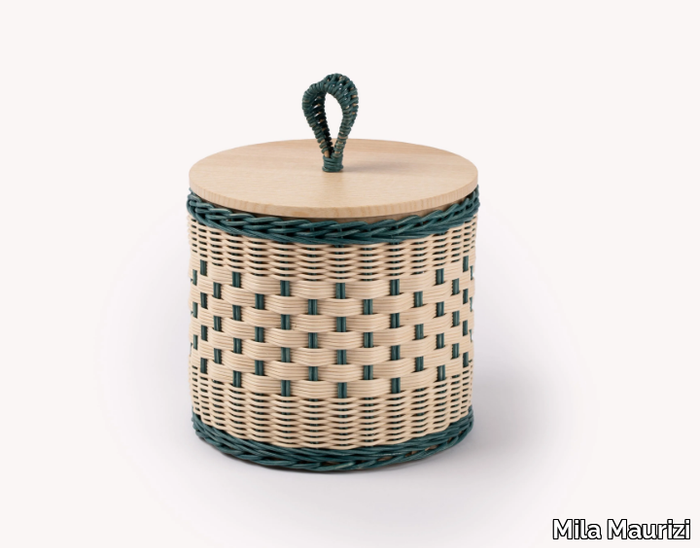 PERLA BICOLORE - Cylindrical wicker container with wooden lid _ Mila Maurizi