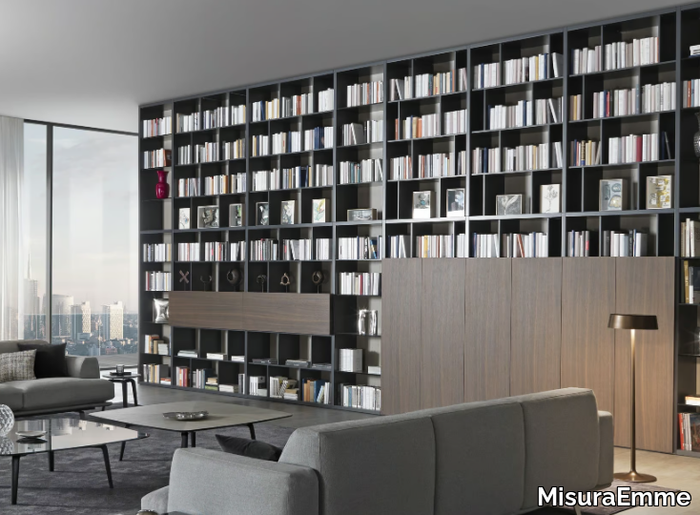 CROSSING - Open floor-ceiling mounted wooden bookcase _ MisuraEmme