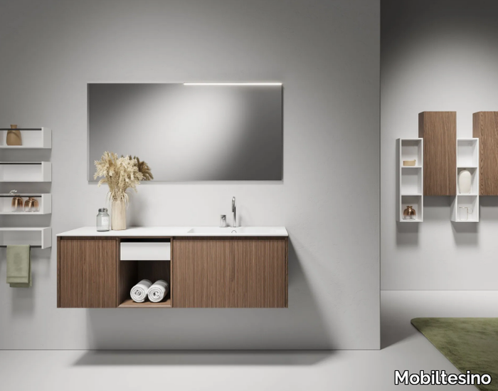 M15 - Wall-mounted walnut vanity unit with cabinets _ Mobiltesino