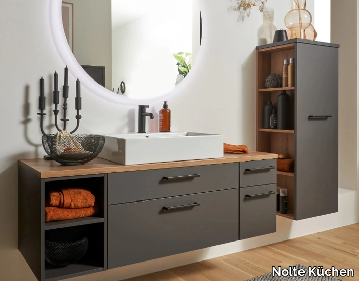 PLUS GRAPHITE SOFT MAT - Sectional wall-mounted wooden vanity unit with cabinets _ Nolte Küchen