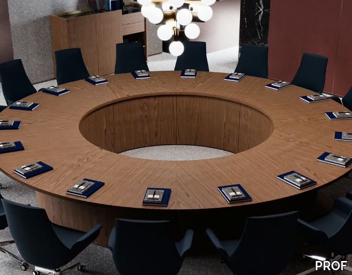 BESPOKE CONFERENCE TABLES 04 - Round wooden meeting table with cable management _ PROF