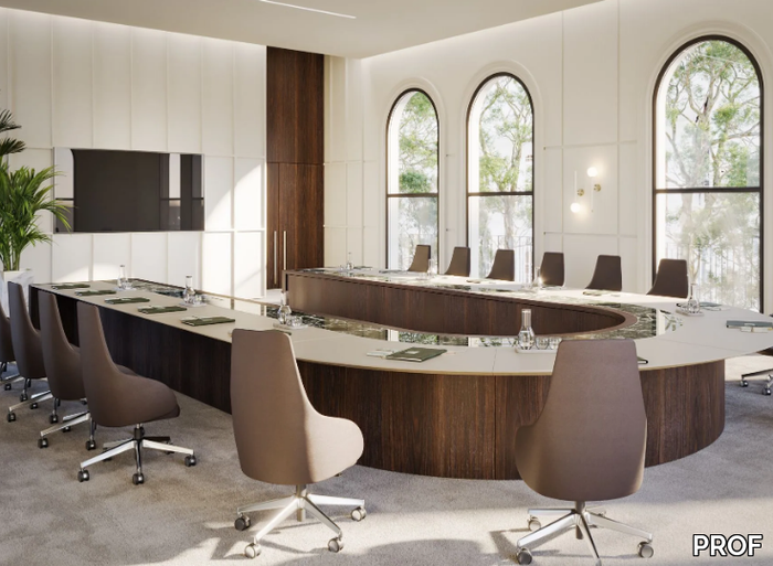 BESPOKE MEETING TABLE 03 - Meeting table with veneered wood base and glass and leather top _ PROF