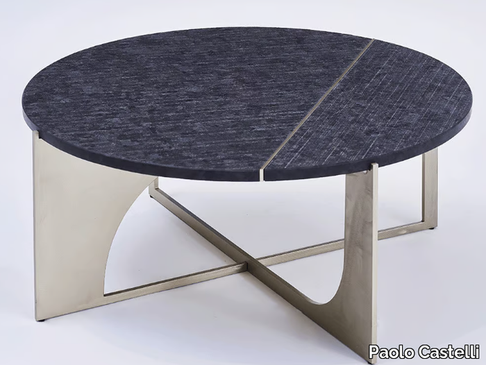 HYPERBOLE - Round coffee table in old stone and metal _ Paolo Castelli