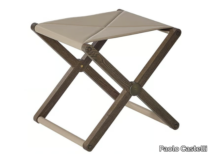 SCRANNO - Low folding stool in leather and wood _ Paolo Castelli