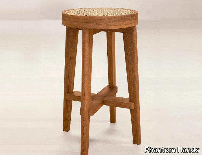 HIGH STOOL - Stool in teak and cane with footrest _ Phantom Hands