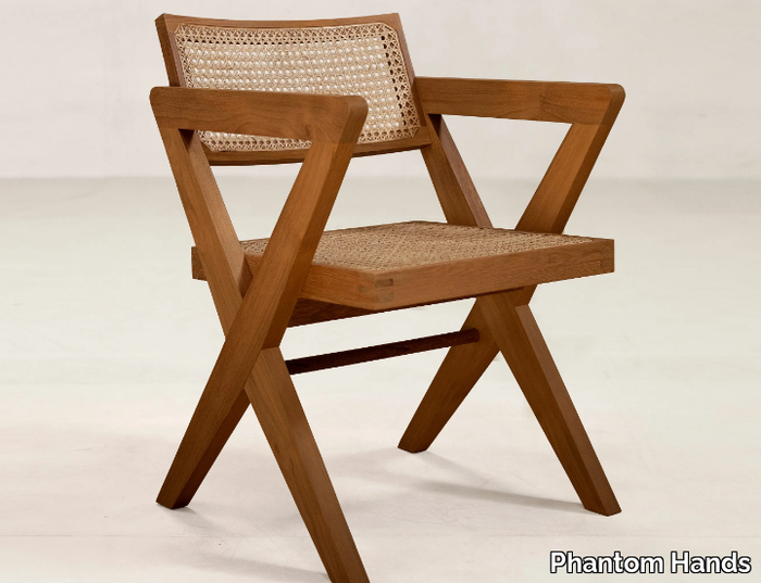 OFFICE ARMCHAIR X LEG - Chair in teak and natural cane with armrests _ Phantom Hands