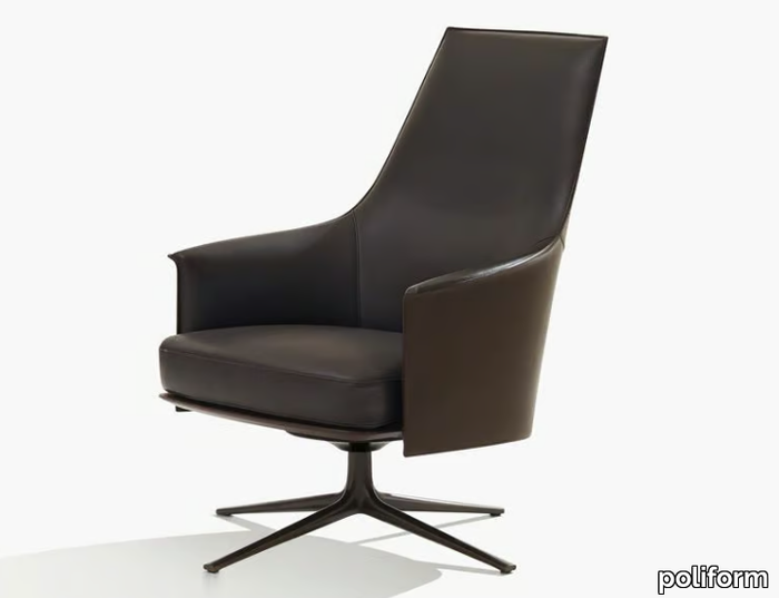 STANFORD LOUNGE - Swivel leather armchair with armrests with 4-spoke base _ Poliform