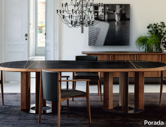 THAYL - Oval table in walnut with marble insert _ Porada