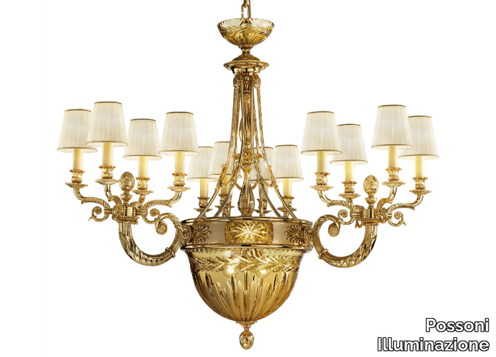 AMBER 431/15+2 - Shaded gold plated chandelier with amber crystal and shades _ Possoni Illuminazione