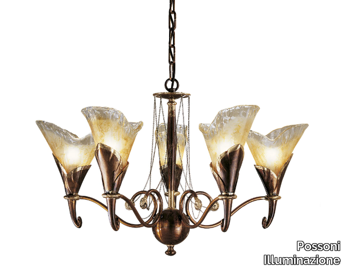 CREAMY 315/5 - Rust/gold leaf chandelier with amber glass _ Possoni Illuminazione