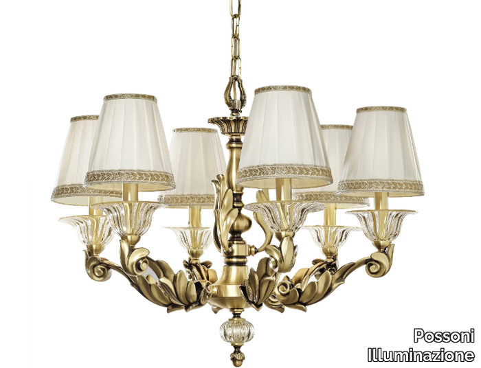 LUCILLA 551/6 - Satin brass chandelier with crystal and shades _ Possoni Illuminazione