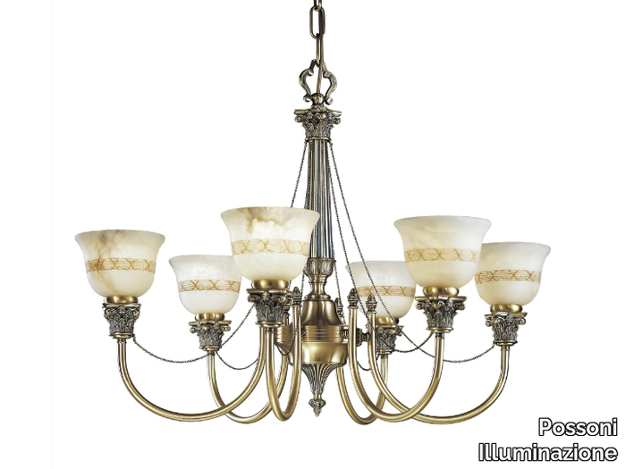 MILA 27089/6 - Antique Brass finish chandelier with alabaster _ Possoni Illuminazione