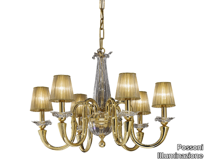 VALENTINA 269/6 - Gold plated chandelier with crystal and organza shades _ Possoni Illuminazione