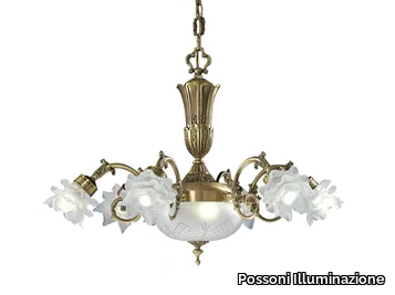 MICHELA 15/6+2 - Satin brass chandelier with glass _ Possoni Illuminazione