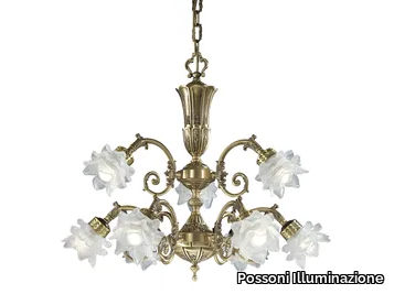 MICHELA 15/6+3 - Satin brass chandelier with glass _ Possoni Illuminazione