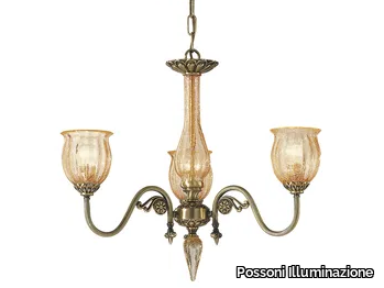 AMANDA 227/3 - Antique Brass chandelier with amber crackle glass _ Possoni Illuminazione