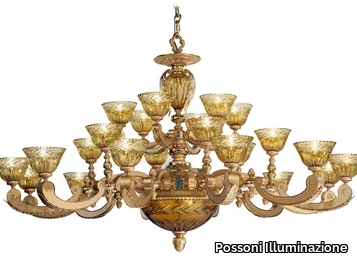 EDEN 265/24+3 - Sanded gold plated chandelier with amber crystal _ Possoni Illuminazione