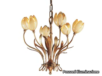 TULIPANI 319/6 - Satin french gold/gold leaf chandelier with glass _ Possoni Illuminazione