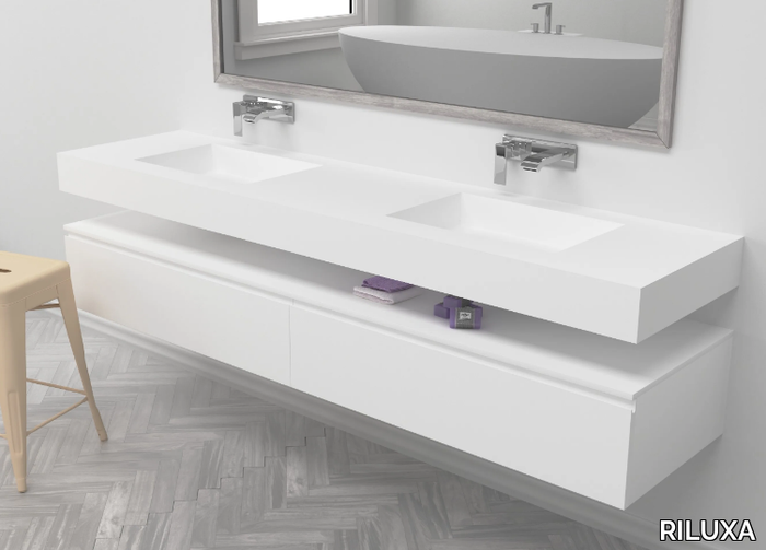 SQUARE - Wall-mounted double rectangular Corian® washbasin _ RILUXA