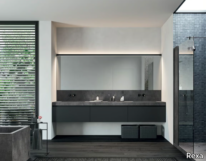 Corner shower enclosure with a wall unit in Corian® - Corner shower enclosure with a wall unit in Corian® _ Rexa