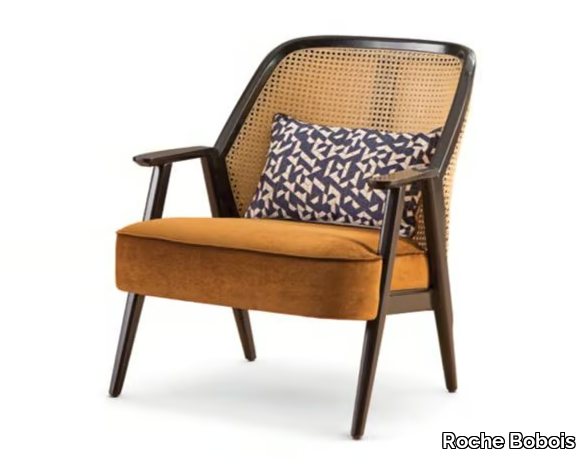 WEG - Armchair in beech and wicker with velvet seat _ Roche Bobois