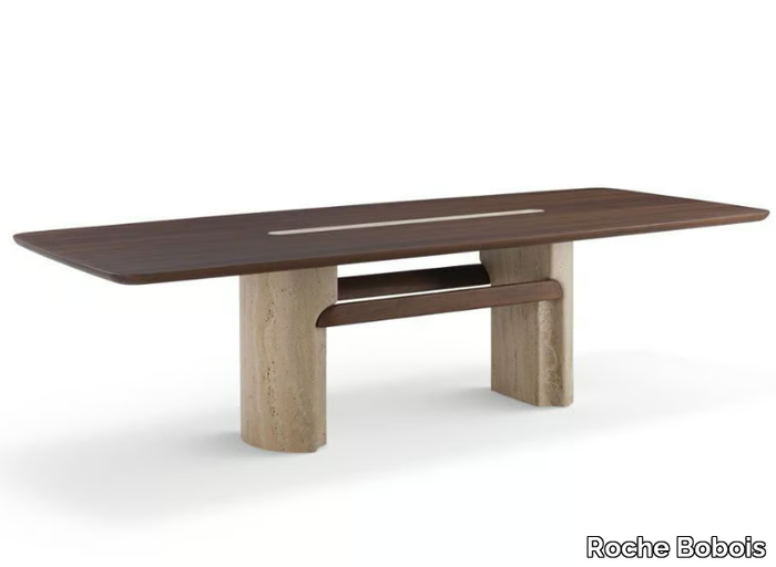 PALATINE - Rectangular wood veneer and travertine table _ Roche Bobois