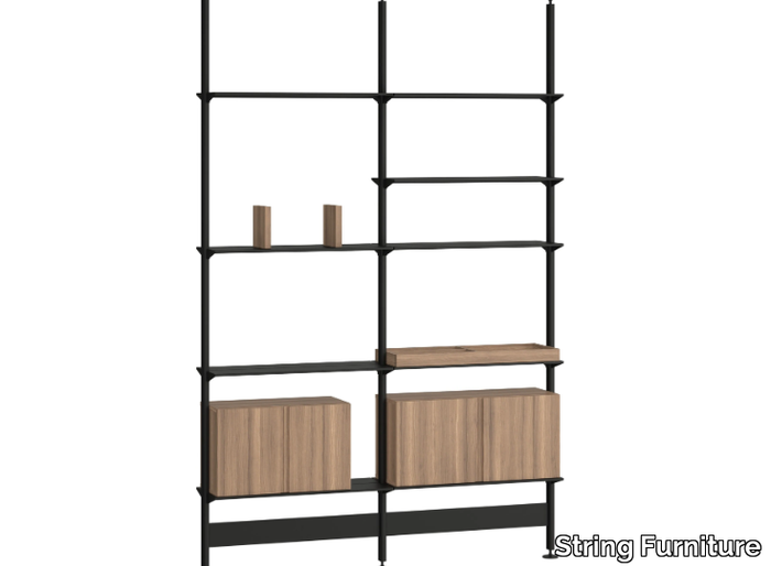 PIRA G2 - Open floor-ceiling mounted aluminium and wood bookcase _ String Furniture