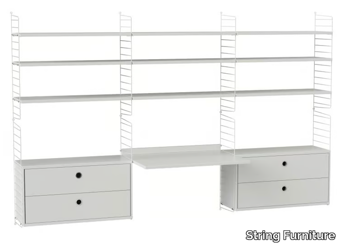 WORKSPACE F - Floating powder coated steel bookcase with secretary desk _ String Furniture