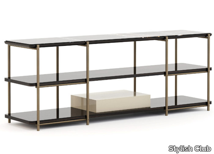 HER - Rectangular bronze and marble console table with shelving _ Stylish Club